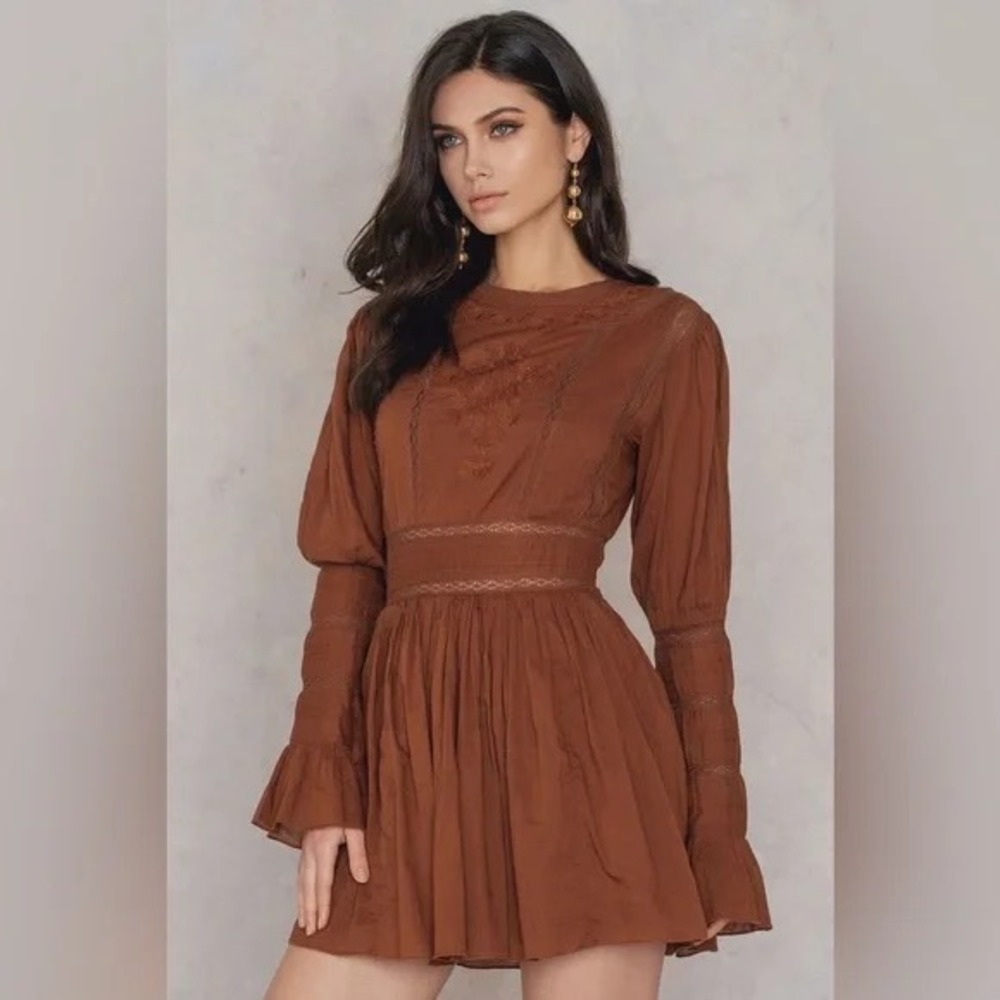 Free People Fall Embroidered Lace Victorian Bronze‎ Mini Dress 6 - Picture 2 of 14